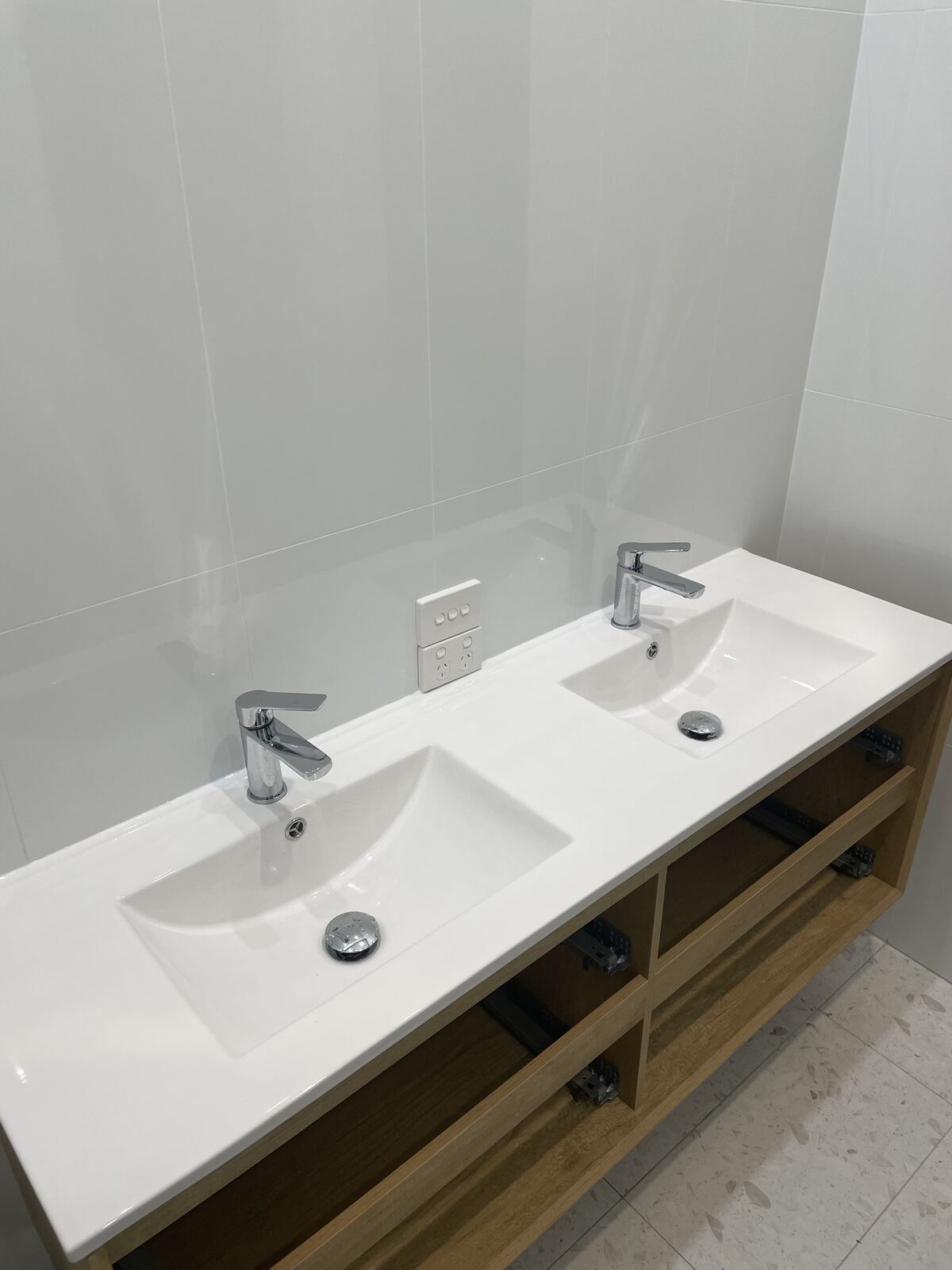 Timber double vanity with twin basins